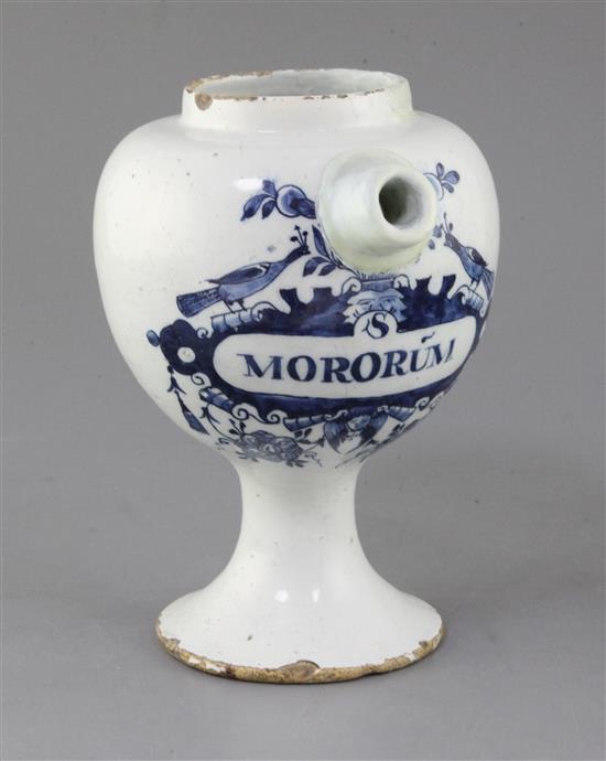 An English delftware blue and white wet drug jar, c.1690-1700, height 21.5cm, restorations